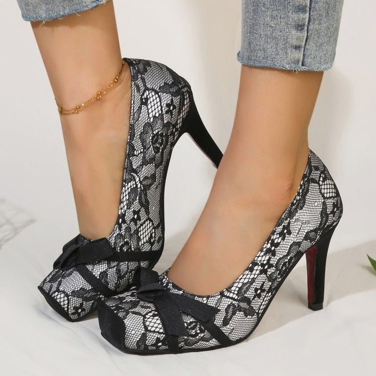 plus size back hollow flatsbows red bottom flatsnew arrivallace mesh square toe thin heel high heels
