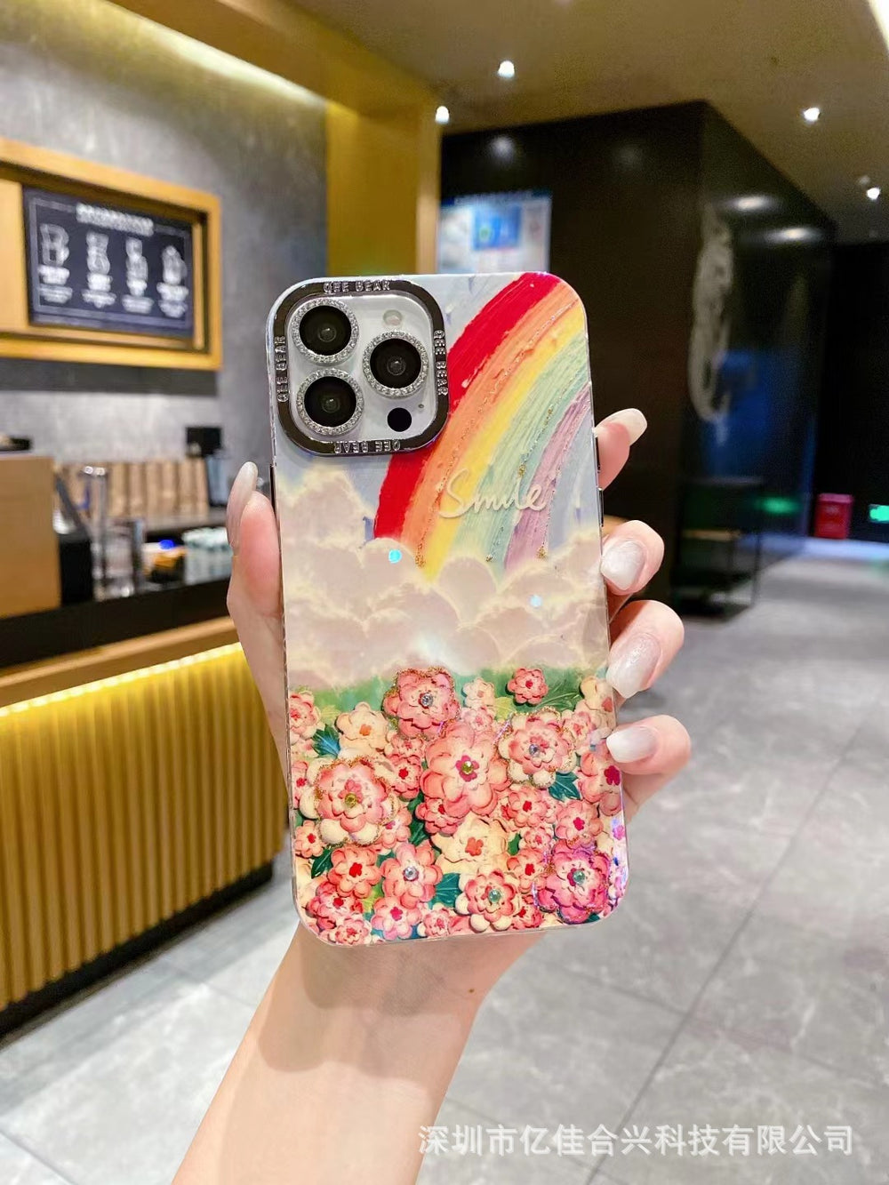 Rainbow floral oil painting iphone 17 pro max diamond glitter phone case, luxury shockproof protective cover for iphone 16 & 15, compatible with iphone 13