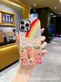 Rainbow floral oil painting iphone 17 pro max diamond glitter phone case, luxury shockproof protective cover for iphone 16 & 15, compatible with iphone 13