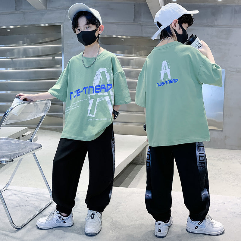Boys' summer outfit set, big kids' summer style,  new arrivals, kids' boys' summer short-sleeve tracksuit, stylish and trendy