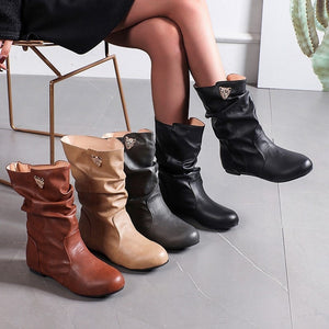 foreign trade large size hidden heel women's boots european and american style pleated leopard head decoration women's mid-calf boots spot wholesale