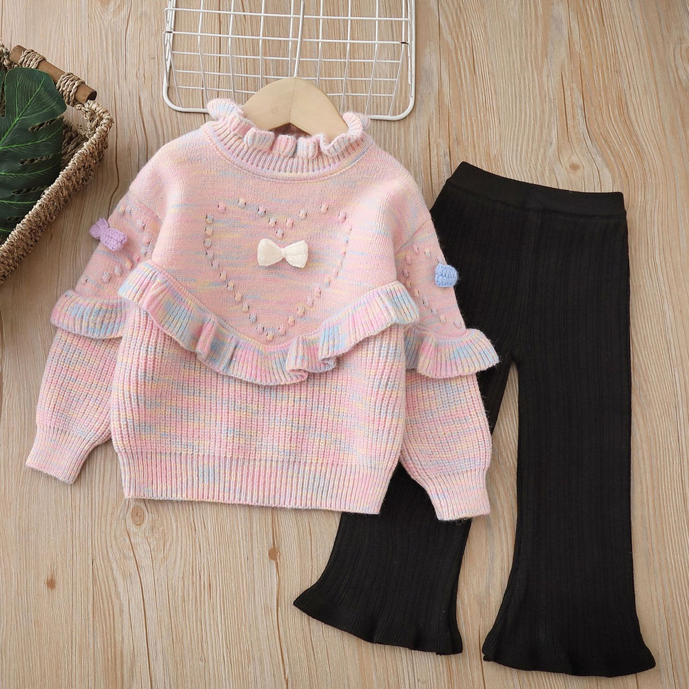 Girlsweater rainbow thread round neck fall and winternew arrival handmade flower little girl pullover sweatersuit