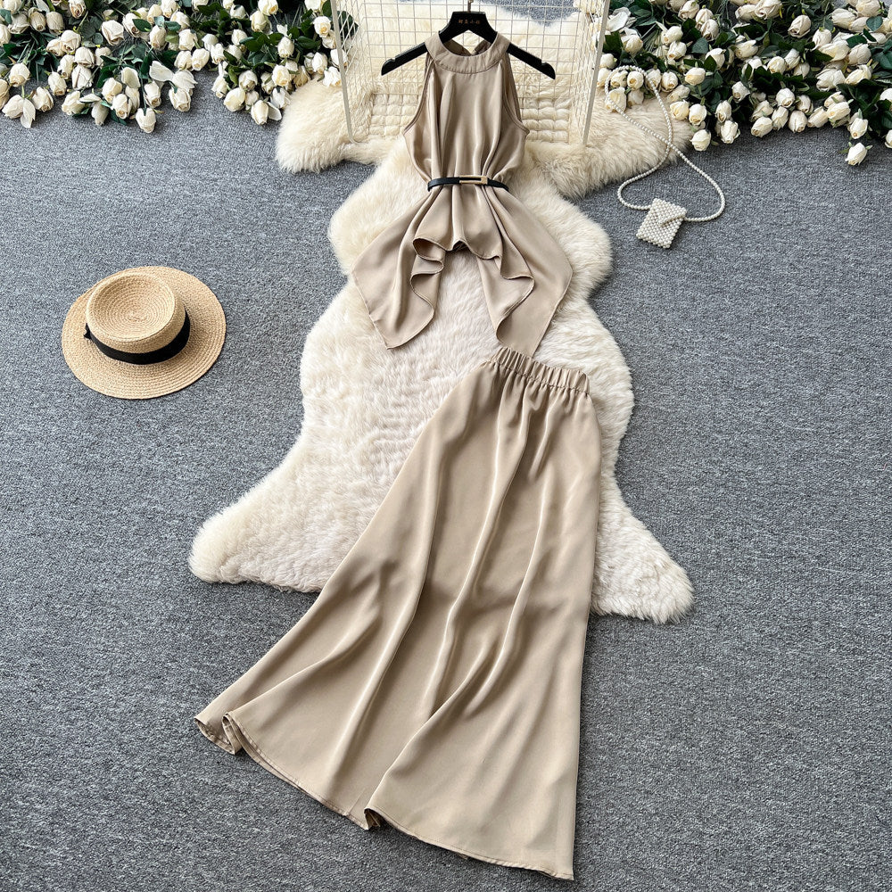 Gentle style work clothinghalterbacklessdress women's summercasualcasual waist slimming looktwo-piece setelegantsuit