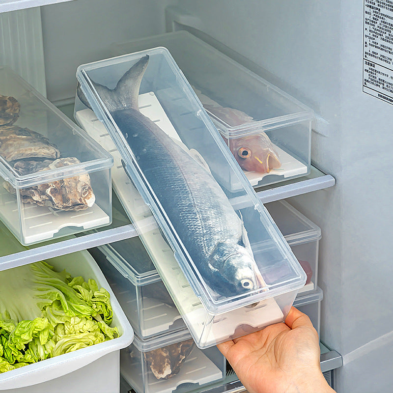 Kitchen refrigerator storage box with lid, anti-odor seafood drain sealed fresh-keeping box, food grade frozen storage box