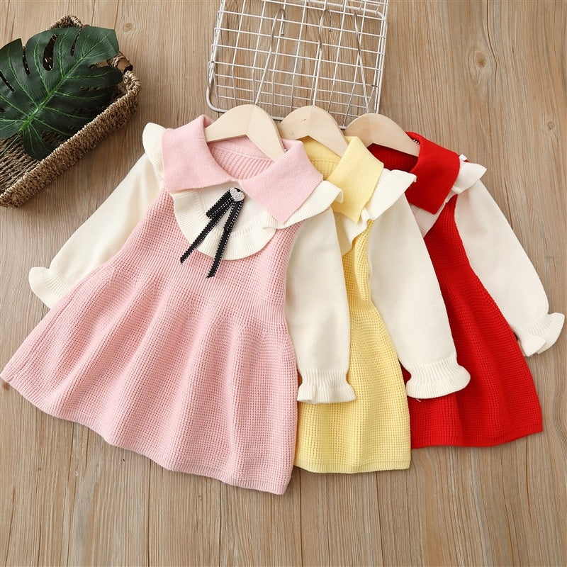 Girls' knit dress -  autumn/winter new arrival - collared bow knit dress for baby girls and toddlers