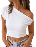 fashion cross-border hourglass waist slanted shoulder off-shoulder suspender hot girl style pullover fashion t-shirt