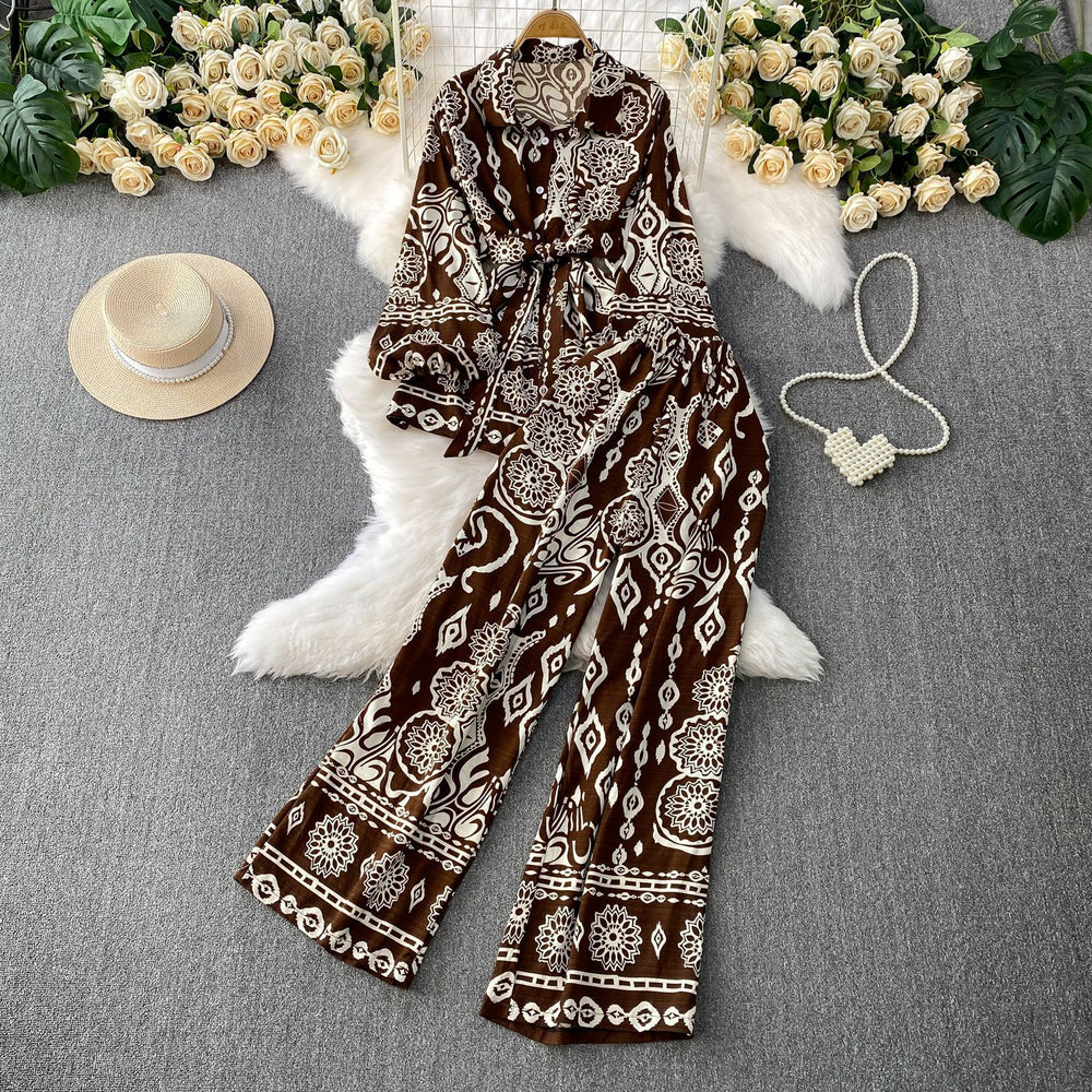 retro style printed lantern sleeve sun protection shirt with turn-down collar and cinched waist + high-waisted slimming wide-leg pants set