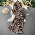 retro style printed lantern sleeve sun protection shirt with turn-down collar and cinched waist + high-waisted slimming wide-leg pants set