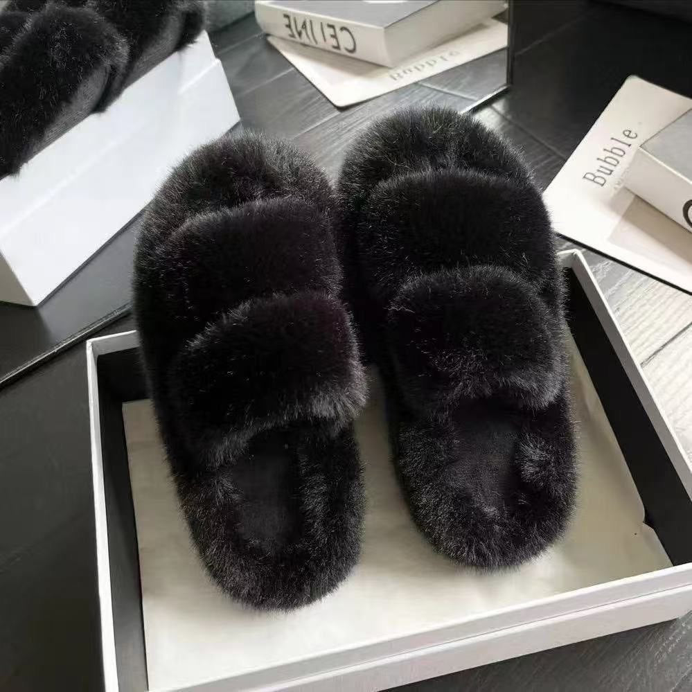 Fall/winter 2025 new fuzzy slippers for women - stylish outdoor wear, plush thick-soled slippers, korean style criss-cross strap home cotton slippers