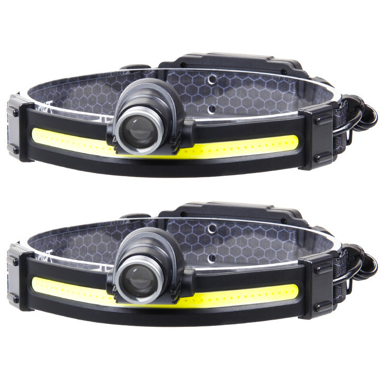 Cross-border new outdoor telescopic zoom induction strong light USB charging silicone built-in battery power display COB headlight