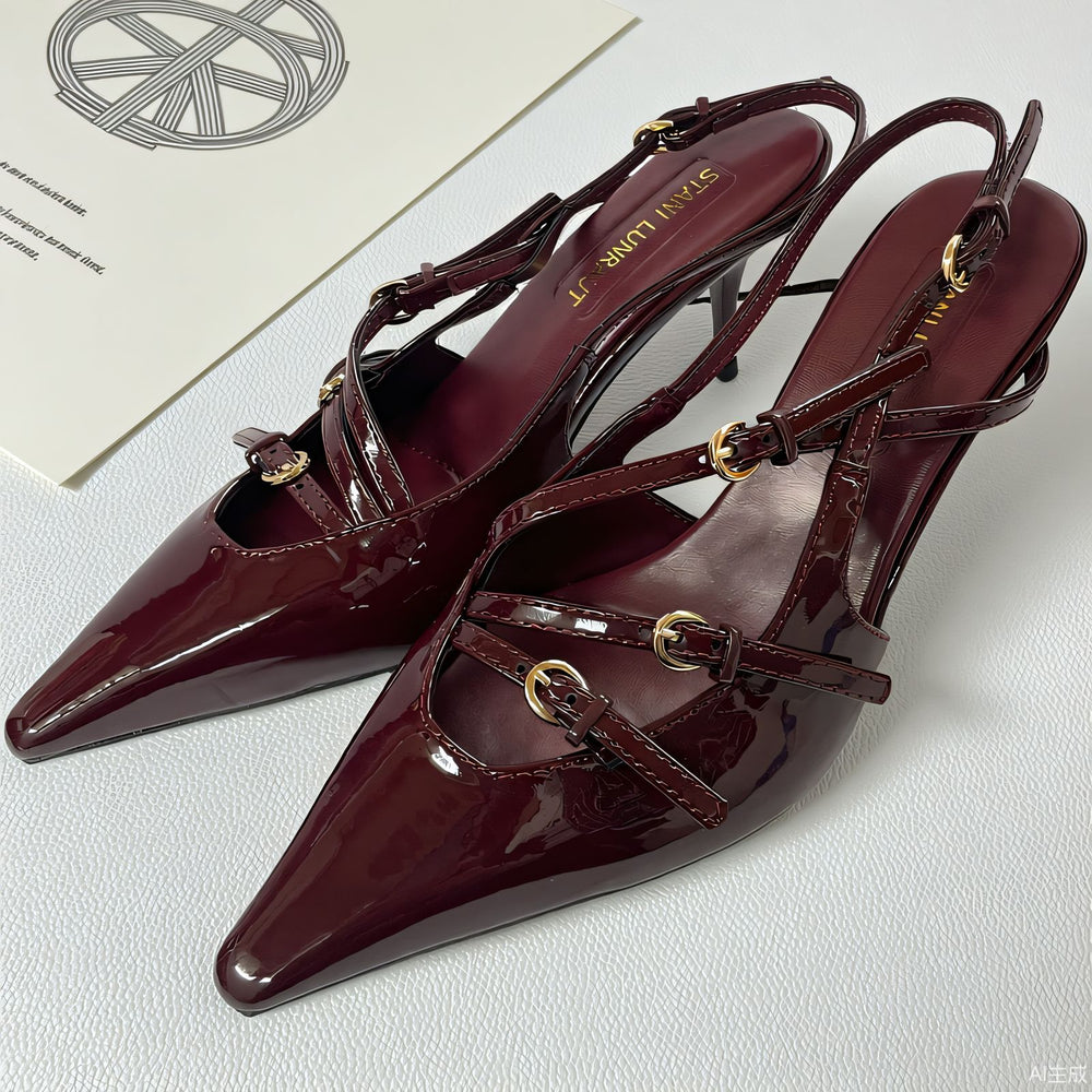 2026 summer european and american style patent leather stiletto peep-toe sandals women's single strap cat heel pointed toe back strap high heels