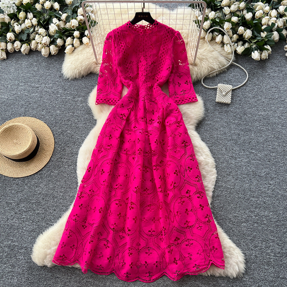 Frenchclassyelegant heavy industry cut out crochet half length sleeve dress women's autum waist slimming lookelegance long skirt