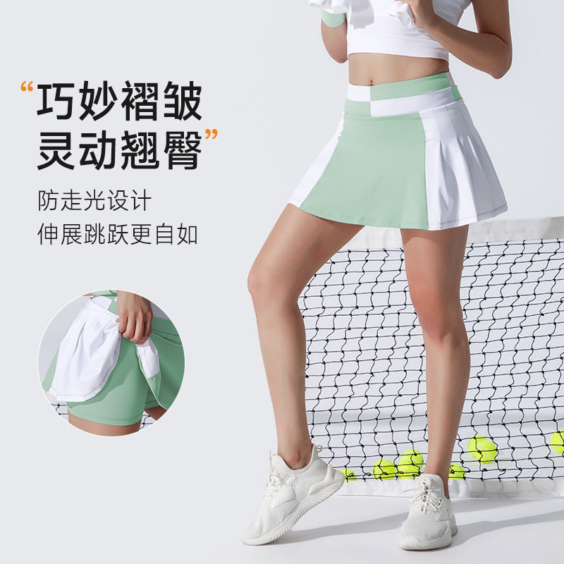 Color block breathable athletic tennis outfit set for women - oem shockproof high-elasticity top and tennis skirt two-piece set - custom yoga wear available