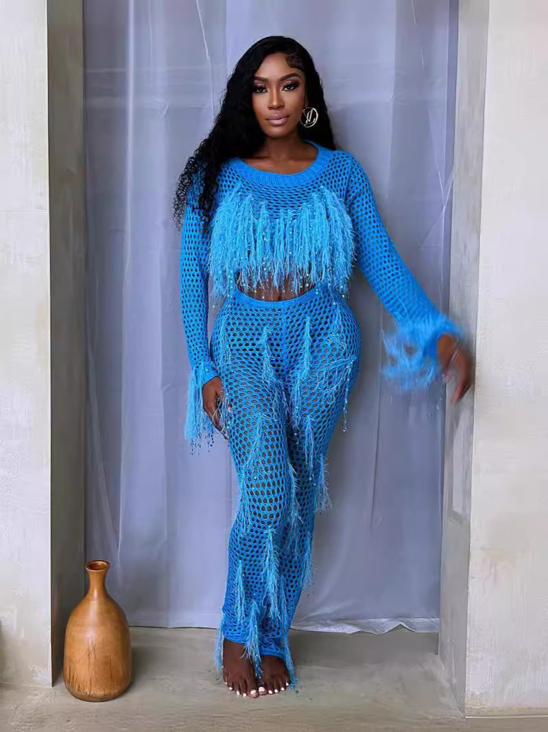 supply new arrival european and american clothing sexy imitation mink hair handmade tassel knittingcut outseparates jumpsuit