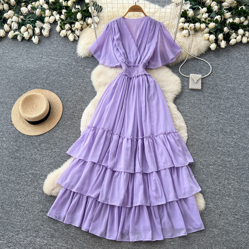 Frenchv neck red polka dot elegantdress women's summer waist slimming look a-line cake skirt dopamine style
