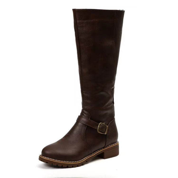 fall and winternew arrivalfashion side zipper round head belt buckle knee high women's knight boots in stockplus size boots for women