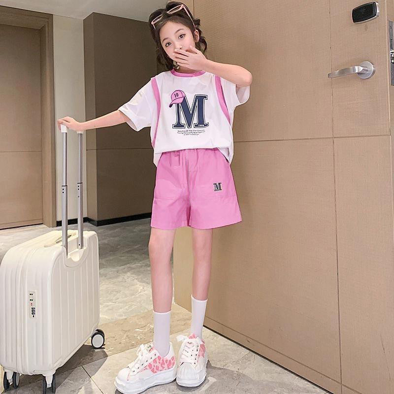 Girls' short-sleeve outfit:  summer new arrival - casual, simple, versatile, trendy, loose-fit, comfortable two-piece set for girls