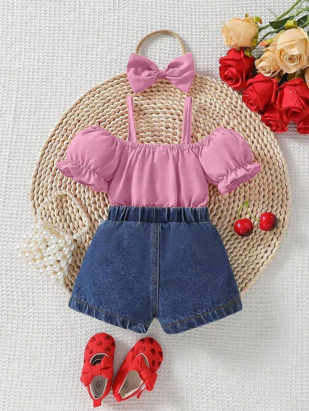 hot selling baby girl one shoulder ruffle suspender tops bows embroidered denim short suit with headscarf