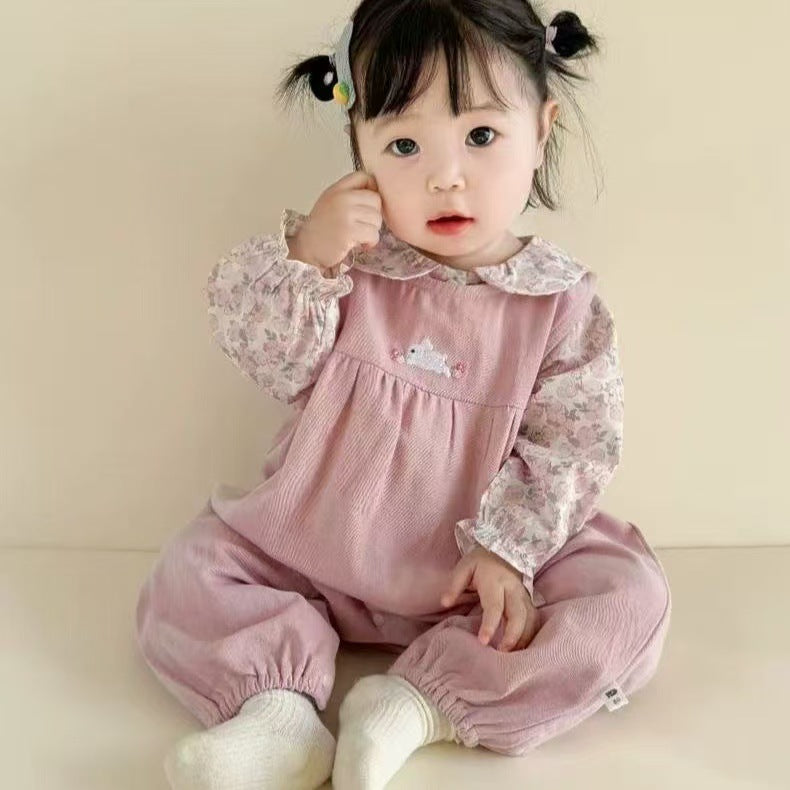 Baby overalls spring and autumn baby suit girl autumtwo-piece setsweet floral doll shirt outing suit