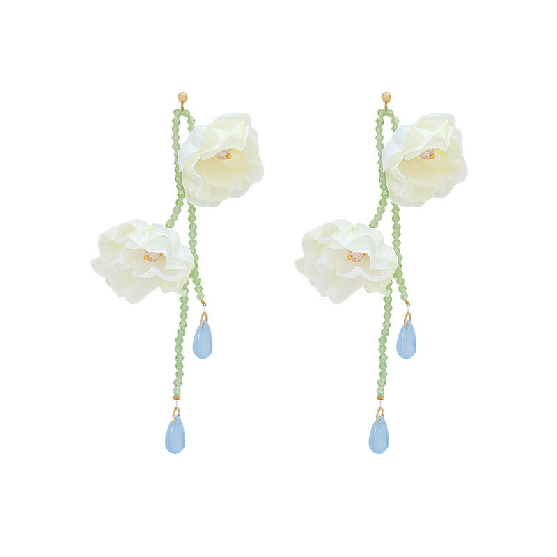 Super fairy white flower beaded tassel earrings for women classy atmosphere exaggerated earrings summer seaside photo accessories
