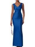 European and american slim-fit solid color chic sexy foreign trade slit satin dress
