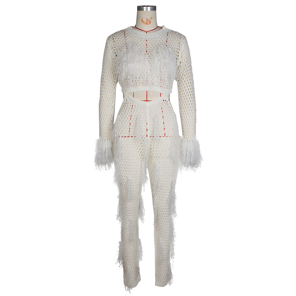 supply new arrival european and american clothing sexy imitation mink hair handmade tassel knittingcut outseparates jumpsuit