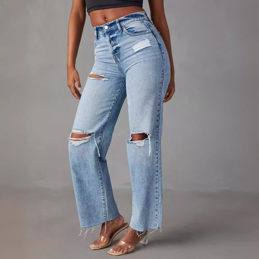 Xintang jeans women's new arrivalfashion ripped high waiststraight-legjeans washed and worn fashionjeans