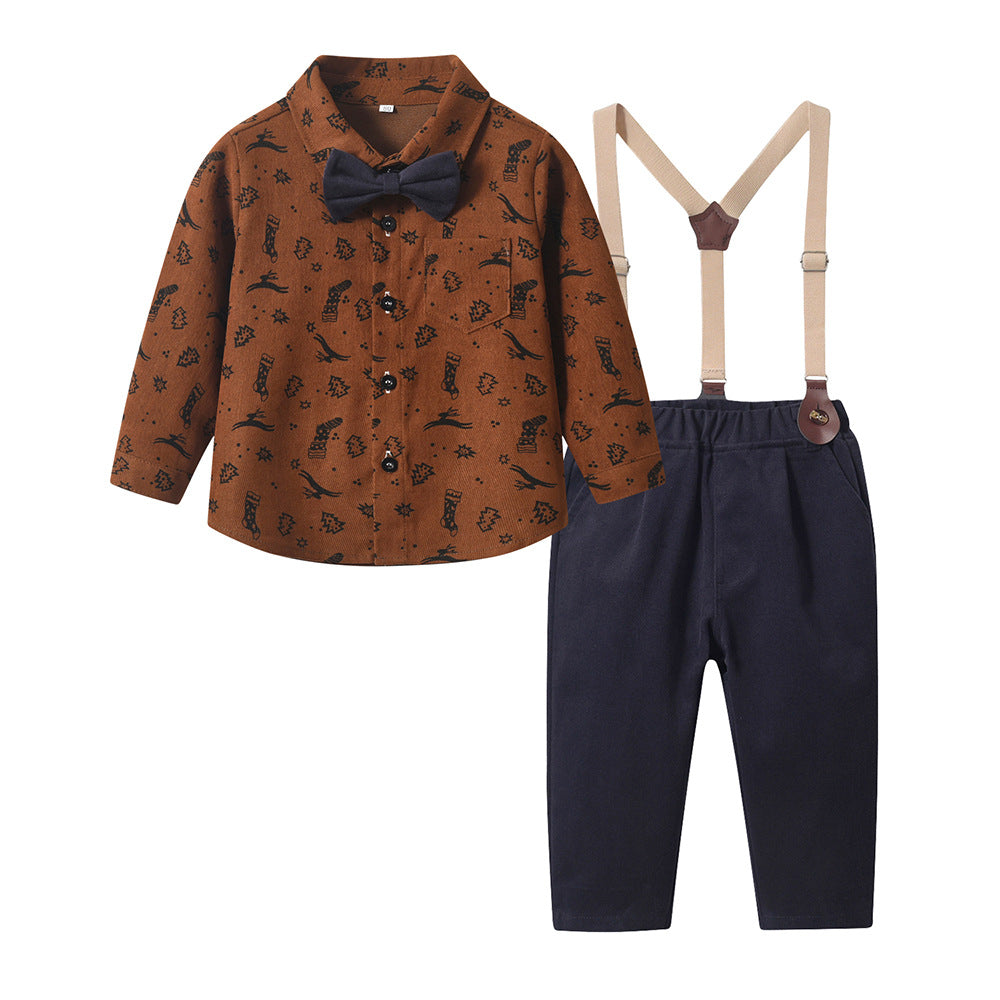 New autumn children's shirt printed christmas long sleeve bow tie mid-to-large child gentleman's formal wear set kids' clothing