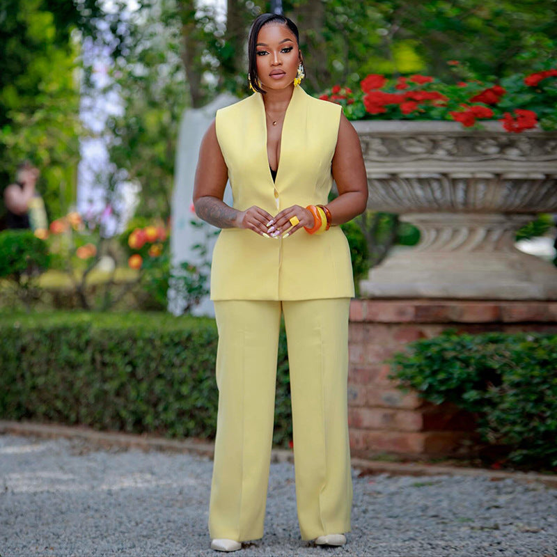 European and american women's clothing  autumn new collection: sweet and fresh v-neck sleeveless blazer top and high-waisted straight-leg pants two-piece set
