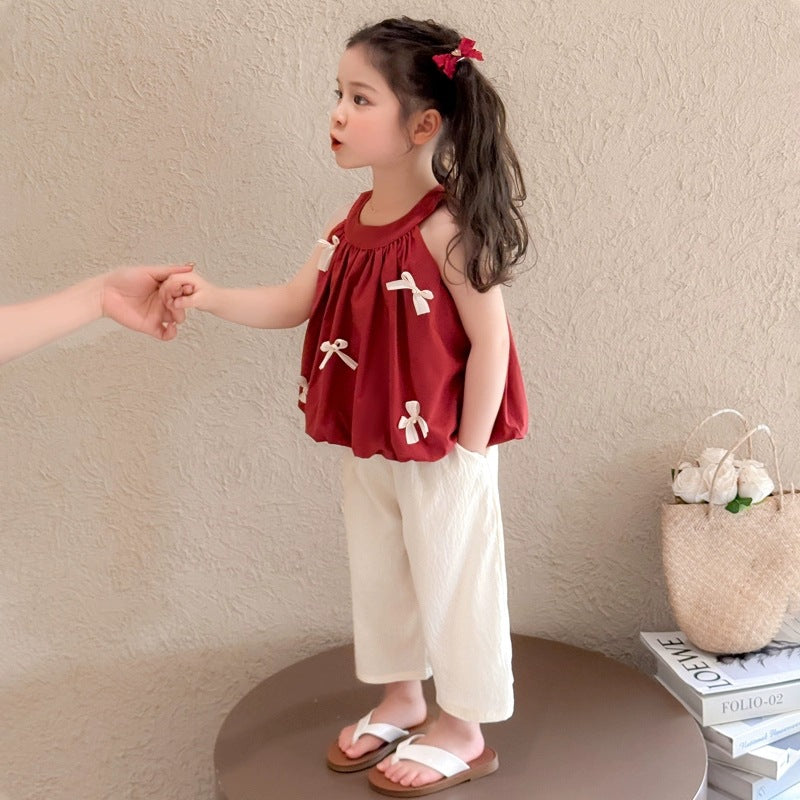 Girls' summer outfit  new style: trendy red halter top and korean style denim shorts two-piece set for little girls