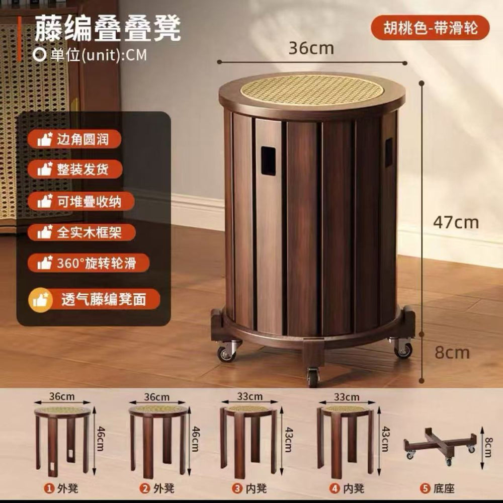 Solid wood stool can be stacked for home living room rattan medieval style shoe changing coffee table round stool stacking stool chinoiserie jenga
