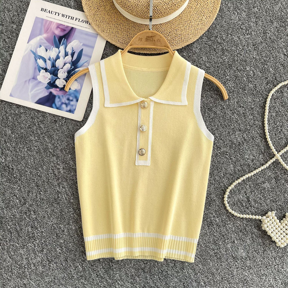 Minimalist striped knit sleeveless tank top for women - summer lapel, slim fit, figure-flattering design, chic and stunning, petite-friendly top