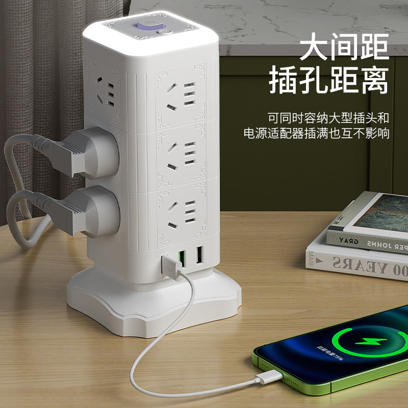 Multi-outlet vertical power strip with usb ports, multifunctional home & office power strip, cube power strip with cord management, desktop night light