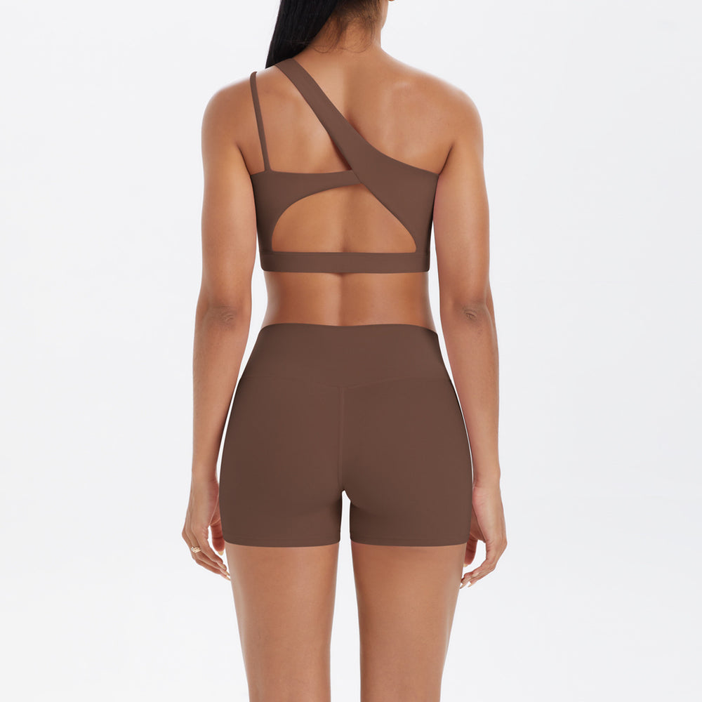 New arrival cross-border fashion double-sided nylon brushed single-shoulder yoga suit sports running fitness two-piece set for women