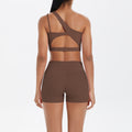 New arrival cross-border fashion double-sided nylon brushed single-shoulder yoga suit sports running fitness two-piece set for women