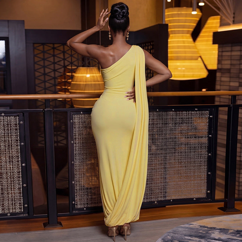 European and american style cross-border women's slimming elegant asymmetrical neckline banquet design bodycon dress with tie-up sleeveless solid color dress