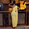European and american style cross-border women's slimming elegant asymmetrical neckline banquet design bodycon dress with tie-up sleeveless solid color dress