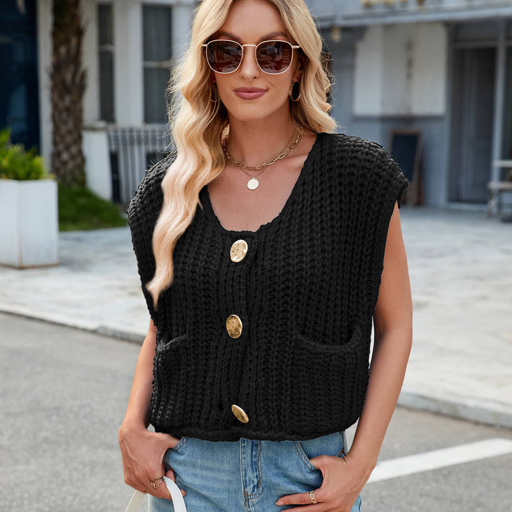 Fashion cross-border women's clothing  independent station new v-neck three-button sleeveless cardigan sweater vest