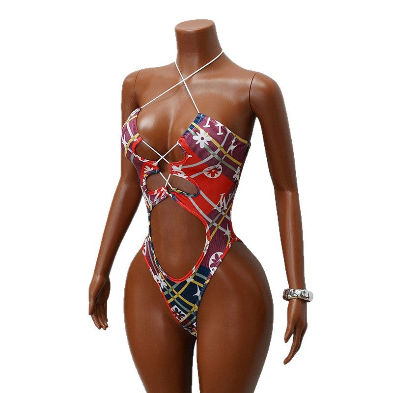 women's patchwork one-piece cutout bikini - edgy, fashionable, sexy halter bodysuit
