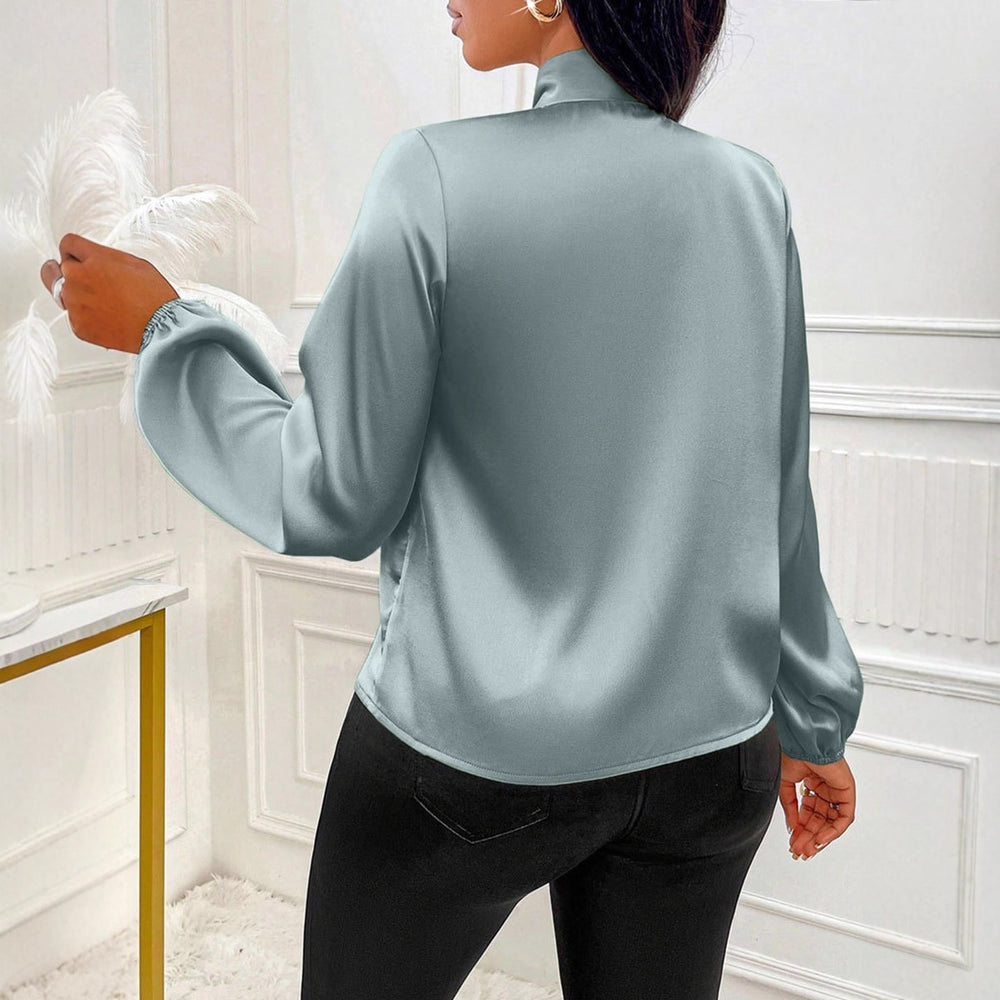 Independent station women's clothing  cross-border export spring new satin shirt  bow long sleeve top