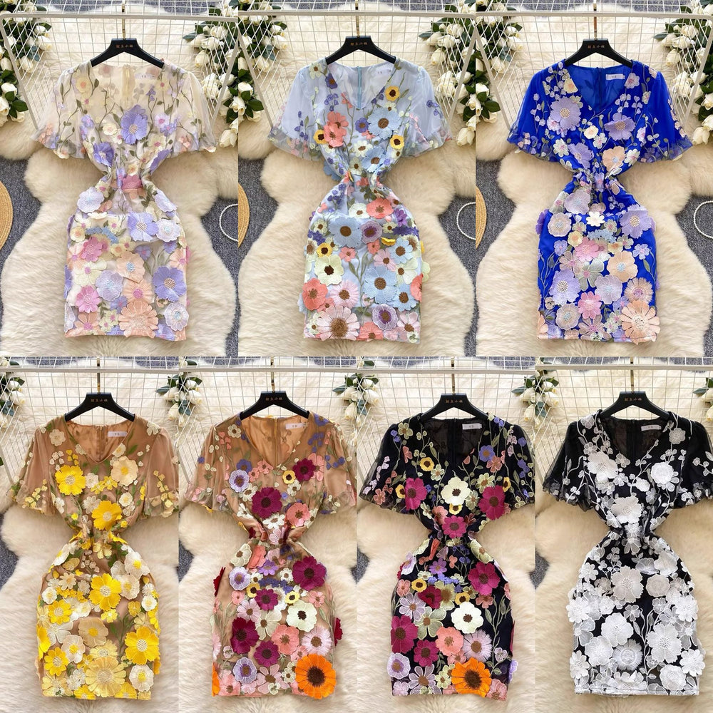 High-end women's summer dress - french vintage v-neck lantern sleeve, heavily embroidered mesh, cinched waist, puff sleeve dress