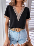 new european and american style satin lace trim v-neck solid color loose-fit top - elegant commute short-sleeve blouse