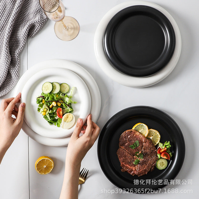 European-style matte large pasta plate, creative hotel restaurant dessert plate, steak plate, thick-rimmed black and white ceramic plate