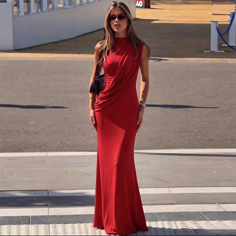 European and american export women's clothing  summer new fashion ruched sexy backless round neck sleeveless bodycon dress