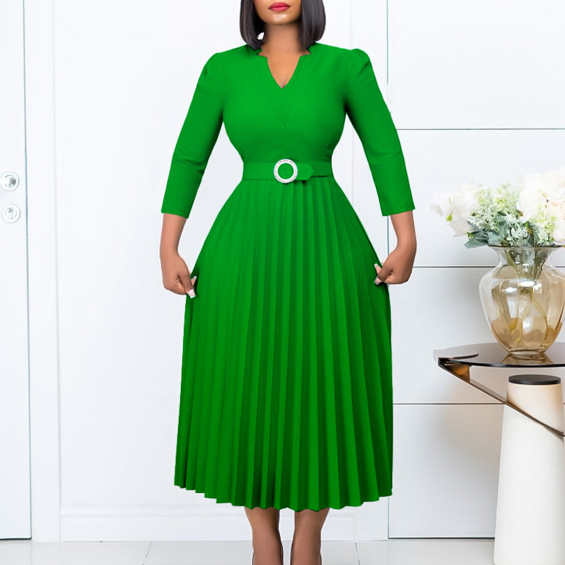 D426 independent station export women's clothing  autumn new v neck fashionelegantelegance pleated skirt fashiondress