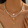 European and american cross-border summer seaside starfish and conch necklace for women multi-layered design sense vacation imitation pearl clavicle chain