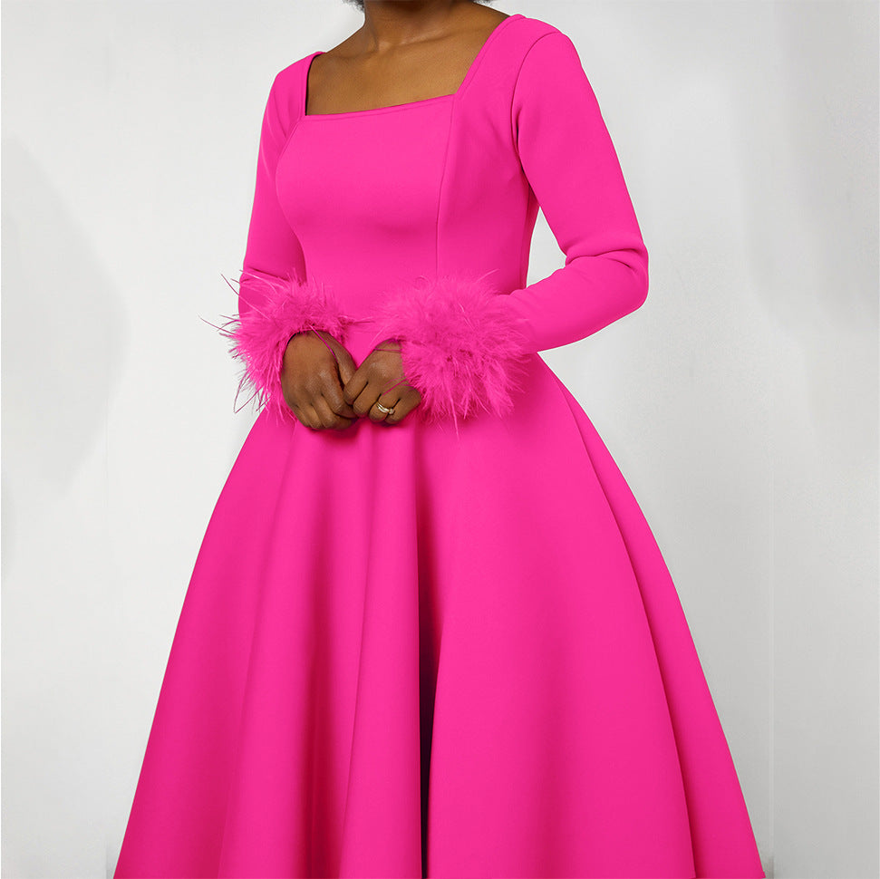 D451 party dress independent station winter elegant elegance fur decoration large skirt dress african dress