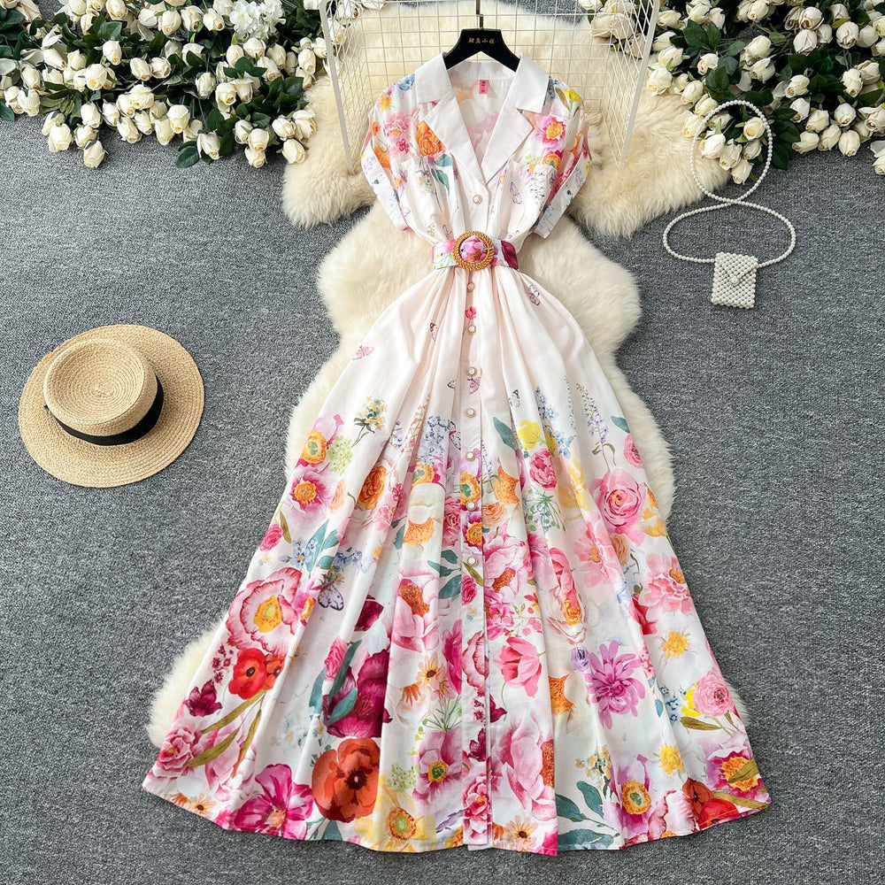2025 spring new arrival: royal court style retro stand collar dress - european & american socialite design, cinched waist, single-breasted button, printed maxi dress