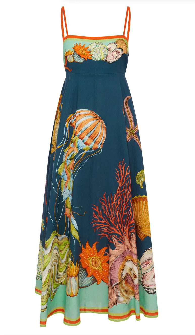 cross-border  women's new elegant high-waisted cotton linen printed camisole casual fashion dress