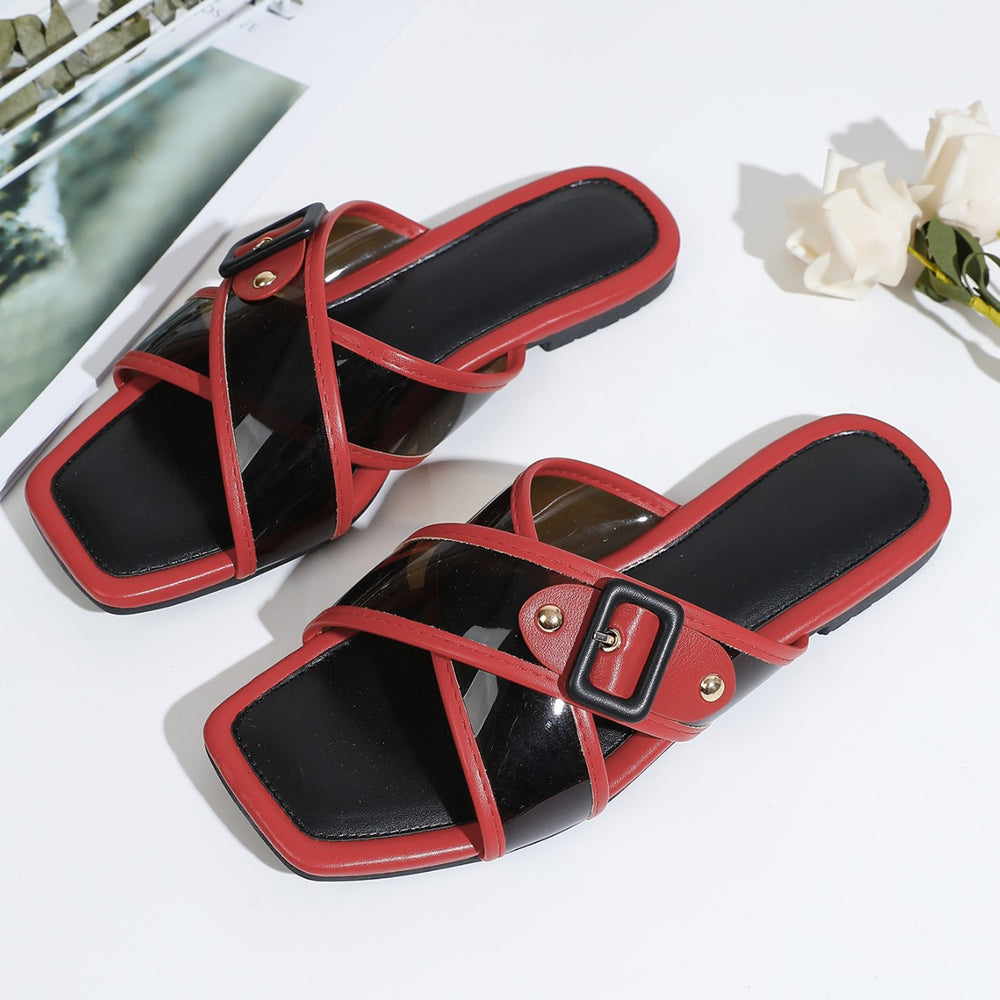 K-style women's shoes square toe cross strap belt buckle sandals glass glue soft leather retroflats slippers outwear flip-flops